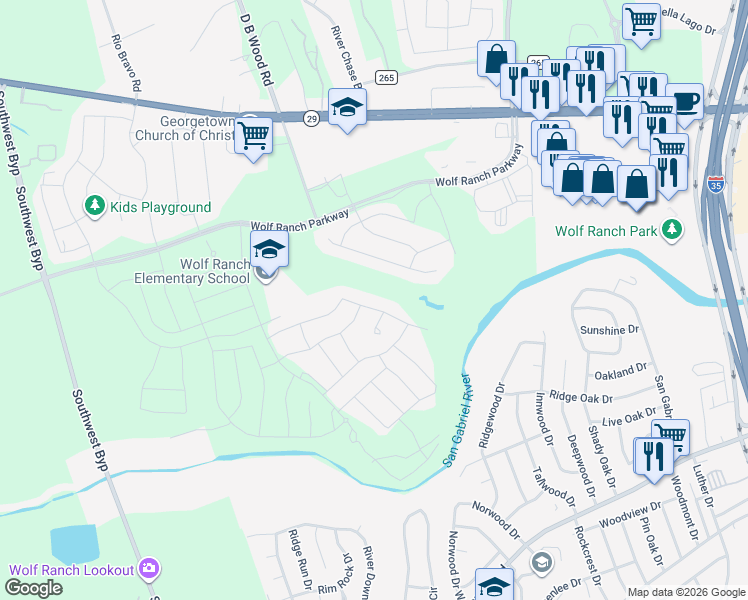 map of restaurants, bars, coffee shops, grocery stores, and more near 610 Innwood Drive in Georgetown