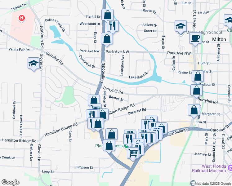 map of restaurants, bars, coffee shops, grocery stores, and more near 6438 Barnes Street in Milton