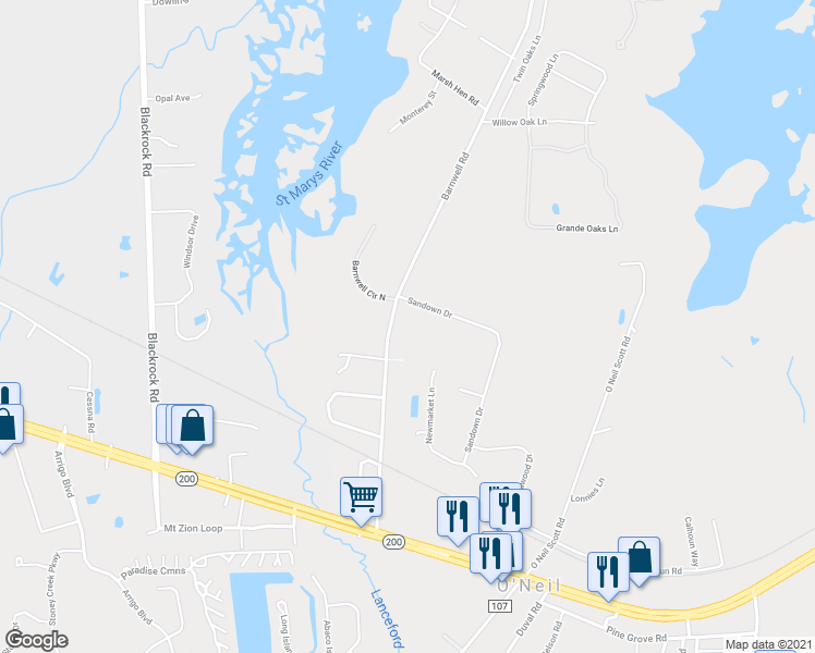 map of restaurants, bars, coffee shops, grocery stores, and more near 95102 Barnwell Road in Fernandina Beach