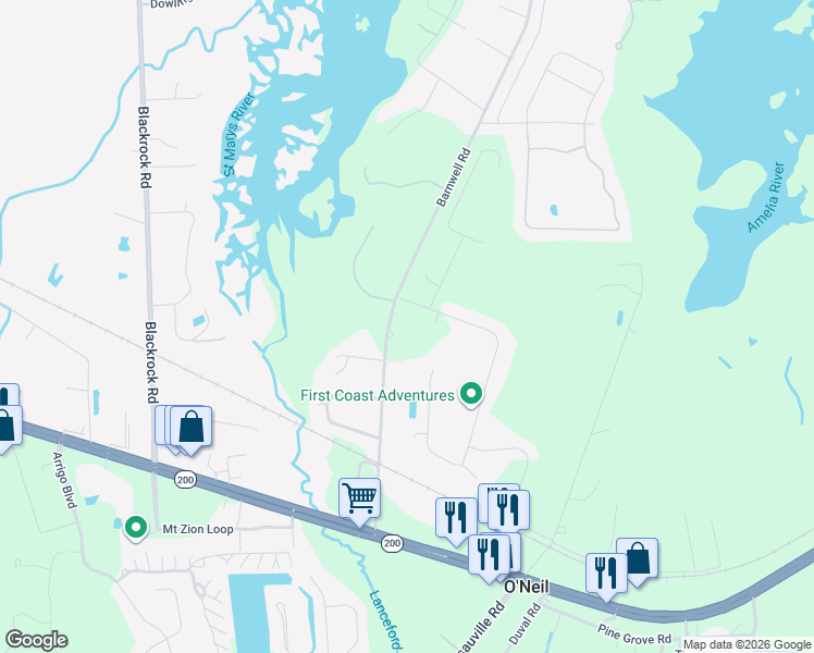 map of restaurants, bars, coffee shops, grocery stores, and more near 95102 Barnwell Road in Fernandina Beach