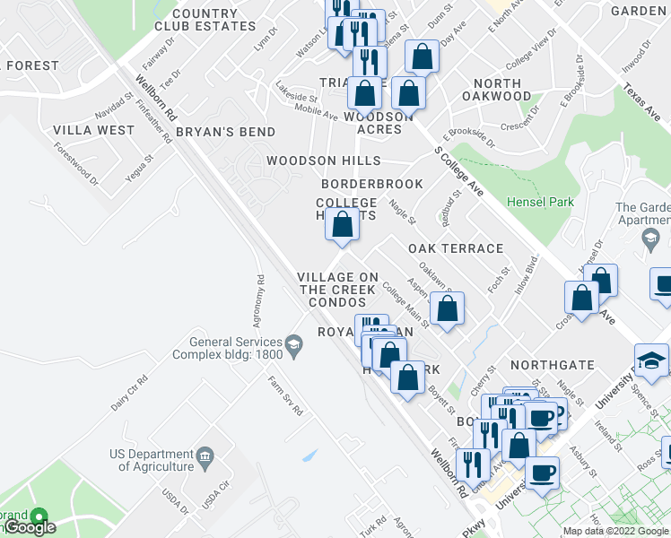 map of restaurants, bars, coffee shops, grocery stores, and more near 4441 Old College Road in Bryan