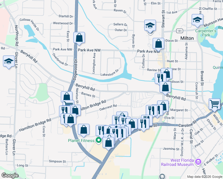 map of restaurants, bars, coffee shops, grocery stores, and more near 6515 Berryhill Road in Milton