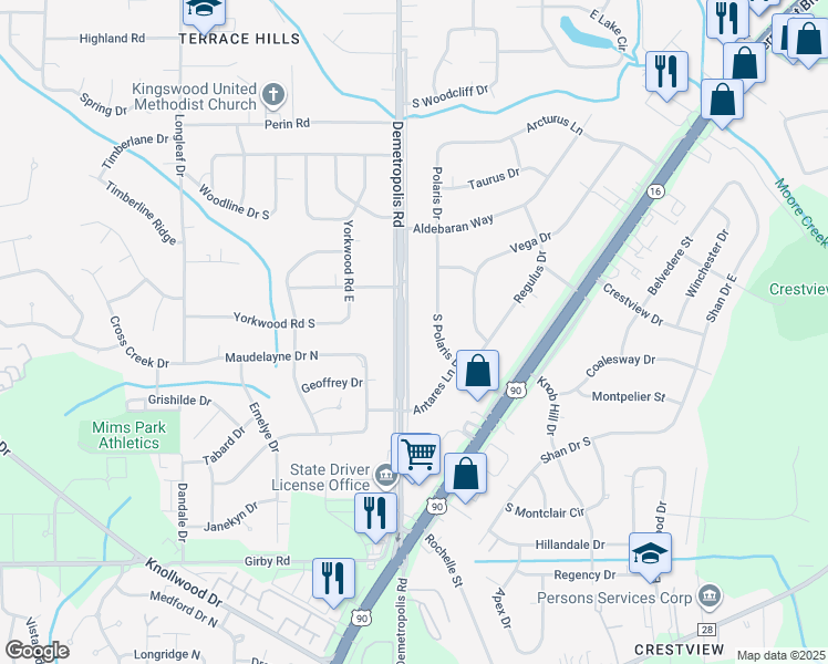 map of restaurants, bars, coffee shops, grocery stores, and more near 3151 Demetropolis Rd in Mobile