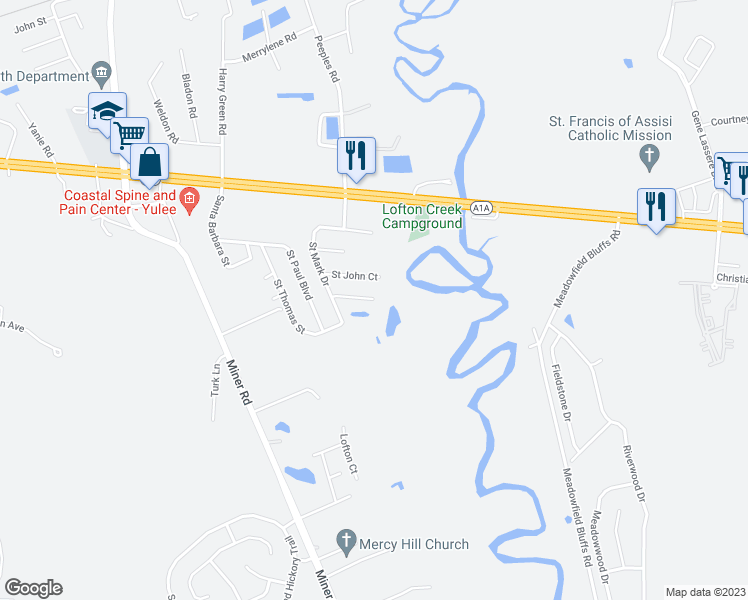 map of restaurants, bars, coffee shops, grocery stores, and more near 2198 Saint Andrew Court in Yulee