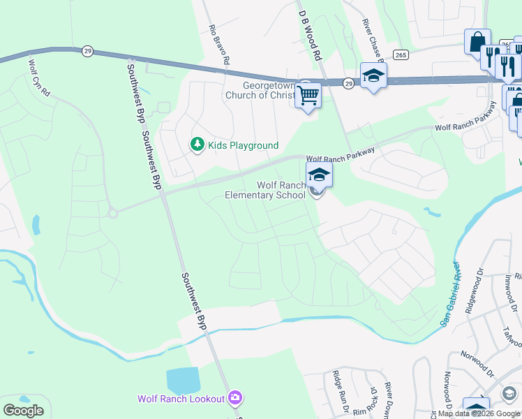 map of restaurants, bars, coffee shops, grocery stores, and more near 1225 Legends Lane in Georgetown