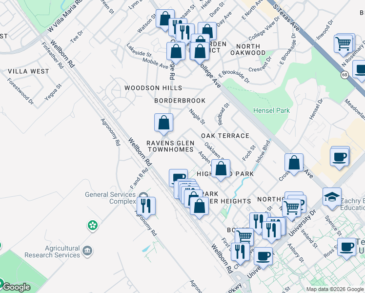 map of restaurants, bars, coffee shops, grocery stores, and more near 3902 College Main Street in Bryan