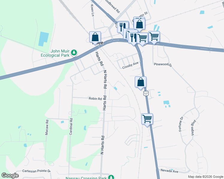 map of restaurants, bars, coffee shops, grocery stores, and more near 106 Harts Road in Yulee