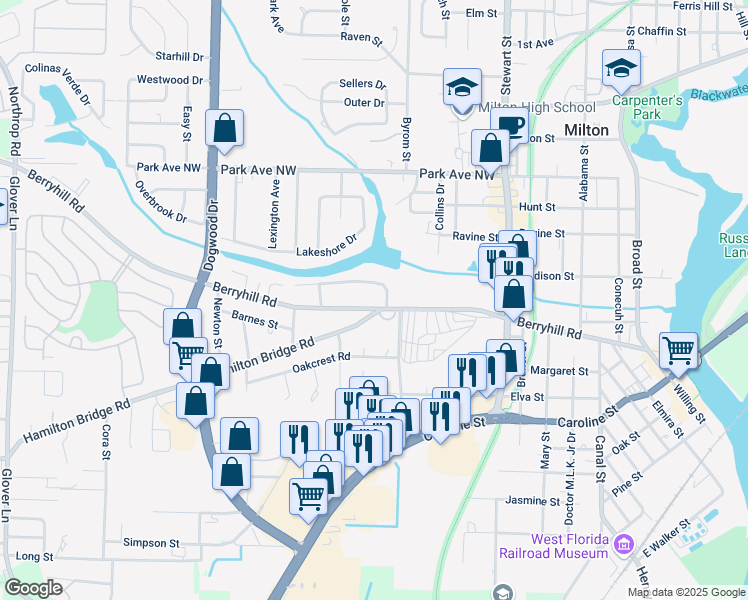 map of restaurants, bars, coffee shops, grocery stores, and more near 6570 Berryhill Road in Milton