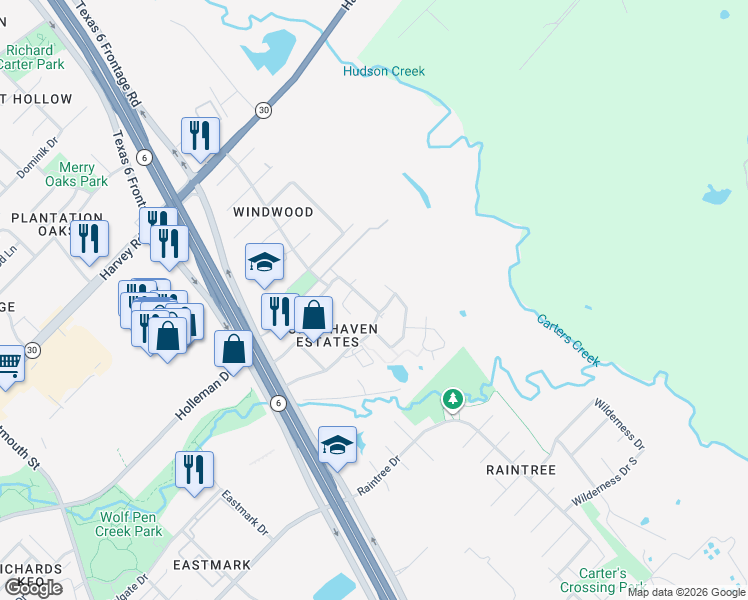 map of restaurants, bars, coffee shops, grocery stores, and more near 2503 Horse Shoe Drive in College Station