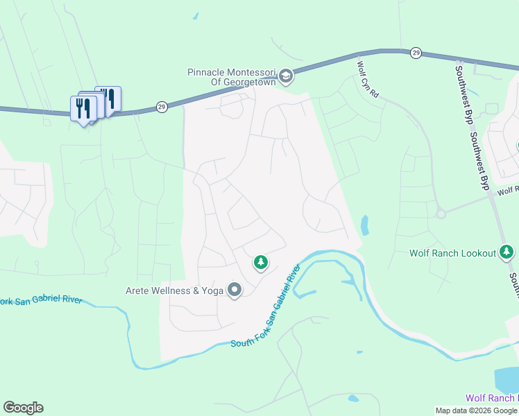 map of restaurants, bars, coffee shops, grocery stores, and more near 1105 Bear Track Loop in Georgetown