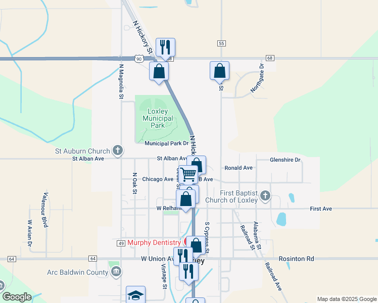 map of restaurants, bars, coffee shops, grocery stores, and more near 2135 North Hickory Street in Loxley