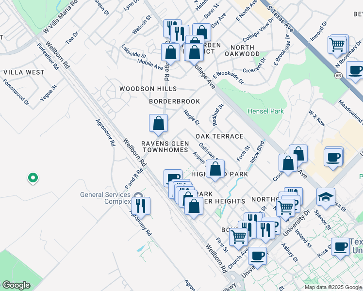 map of restaurants, bars, coffee shops, grocery stores, and more near 3906 Aspen Street in Bryan
