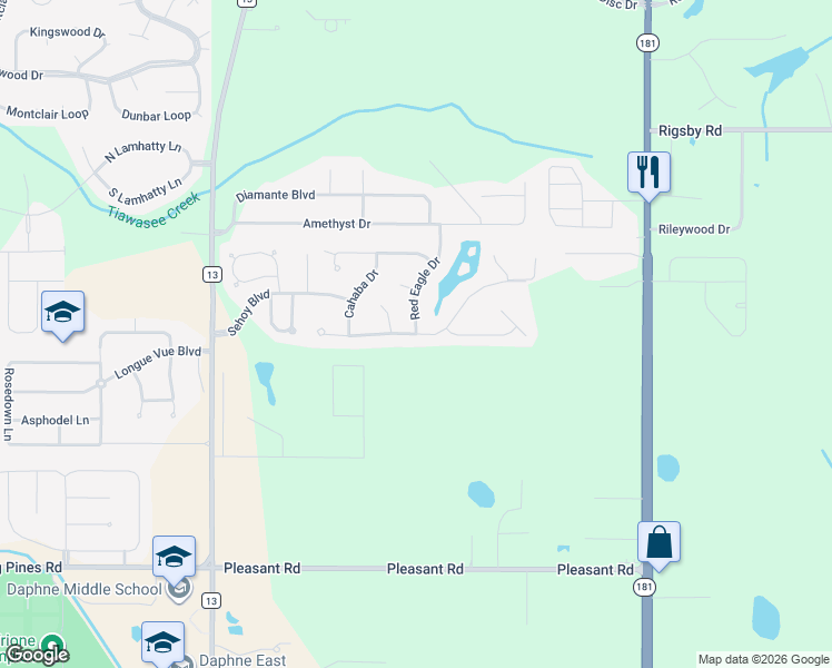 map of restaurants, bars, coffee shops, grocery stores, and more near 9428 Marchand Avenue in Daphne