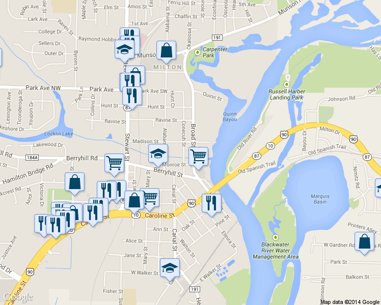 map of restaurants, bars, coffee shops, grocery stores, and more near 299-5201 Broad Street in Milton