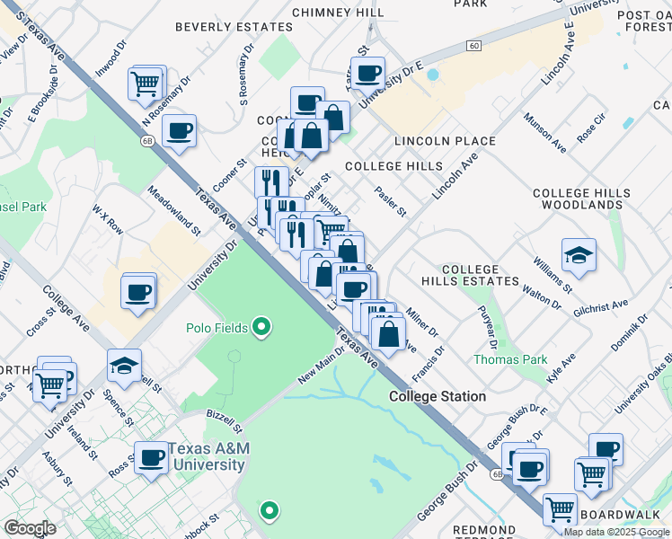 map of restaurants, bars, coffee shops, grocery stores, and more near 805 Texas Avenue in College Station