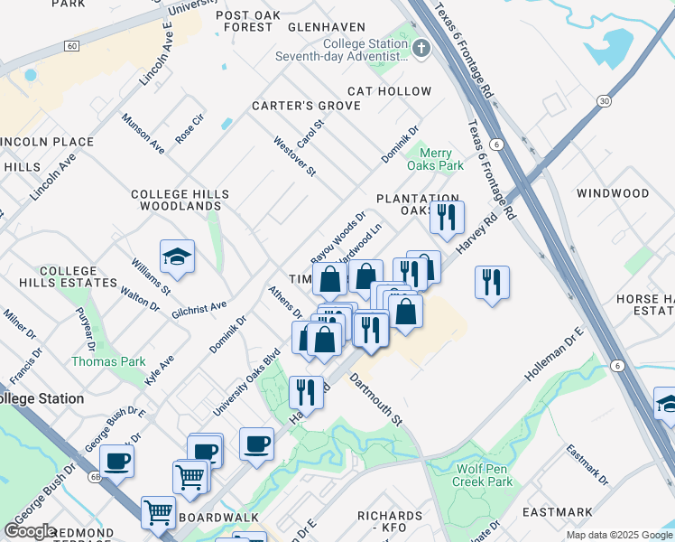 map of restaurants, bars, coffee shops, grocery stores, and more near 1104 Hardwood Lane in College Station