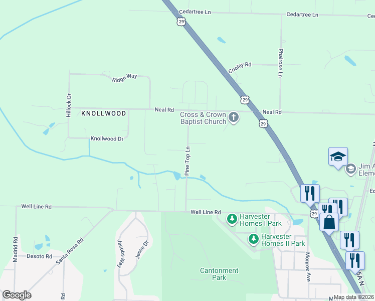 map of restaurants, bars, coffee shops, grocery stores, and more near 1054 Pine Top Lane in Cantonment