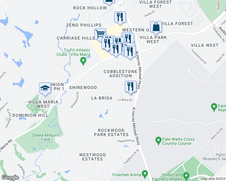map of restaurants, bars, coffee shops, grocery stores, and more near 2404 Jaguar Drive in Bryan