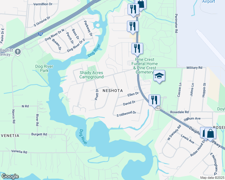 map of restaurants, bars, coffee shops, grocery stores, and more near 2122-2198 Hillwood Dr W in Mobile