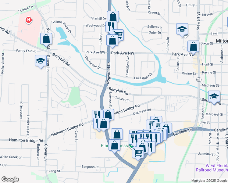 map of restaurants, bars, coffee shops, grocery stores, and more near 6421 Berryhill Road in Milton