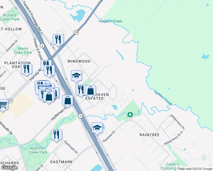 map of restaurants, bars, coffee shops, grocery stores, and more near 2919 Horseback Court in College Station