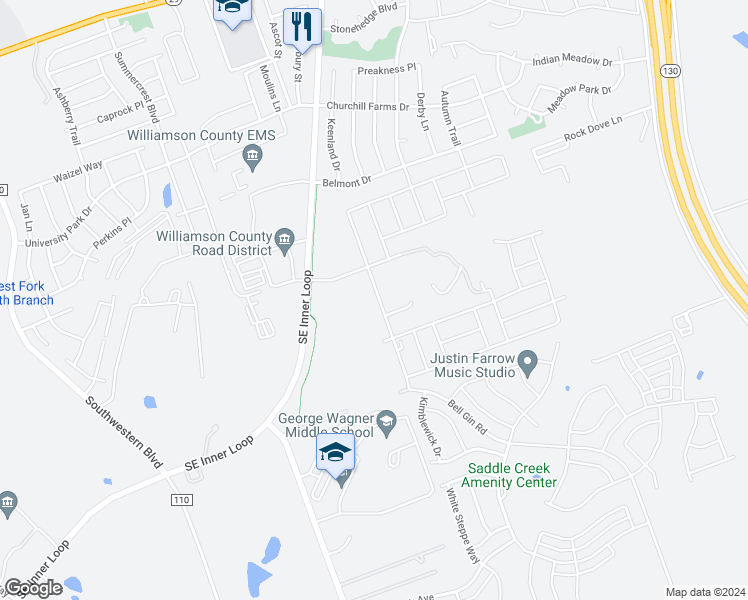 map of restaurants, bars, coffee shops, grocery stores, and more near 2124 Cliffbrake Way in Georgetown