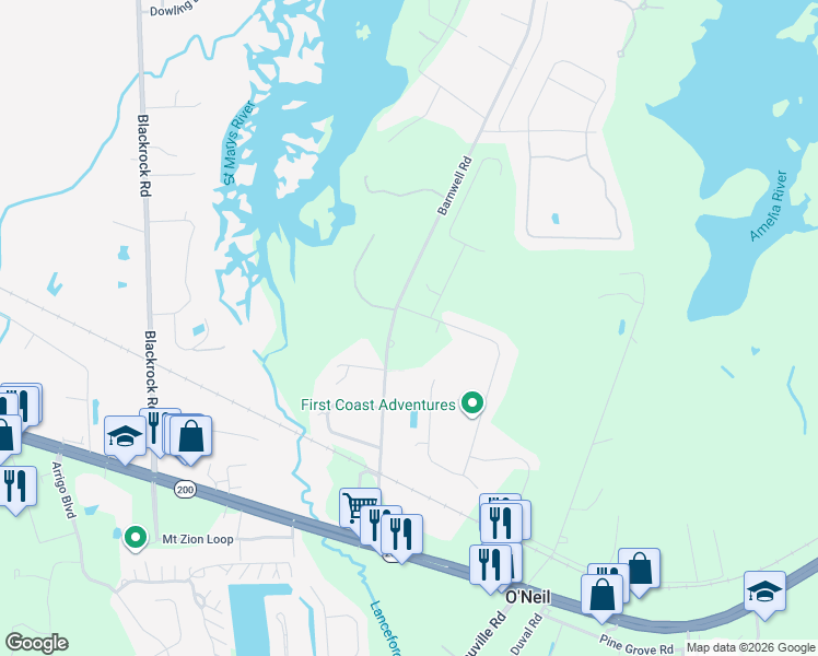 map of restaurants, bars, coffee shops, grocery stores, and more near 93017 Sandown Drive in Fernandina Beach