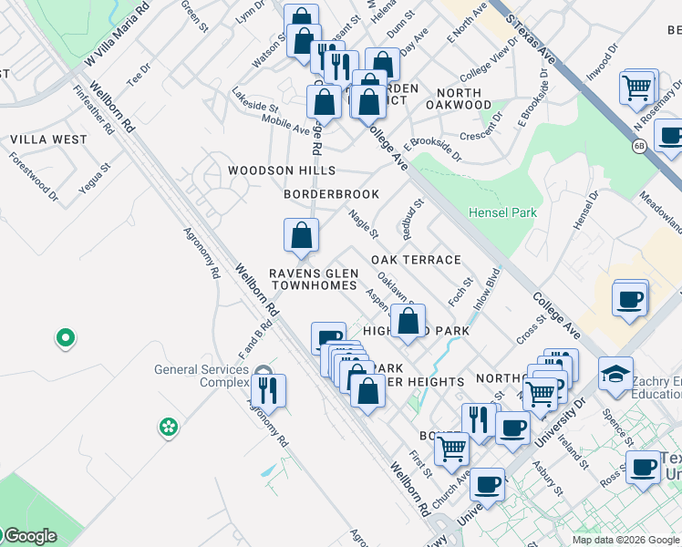 map of restaurants, bars, coffee shops, grocery stores, and more near in Bryan