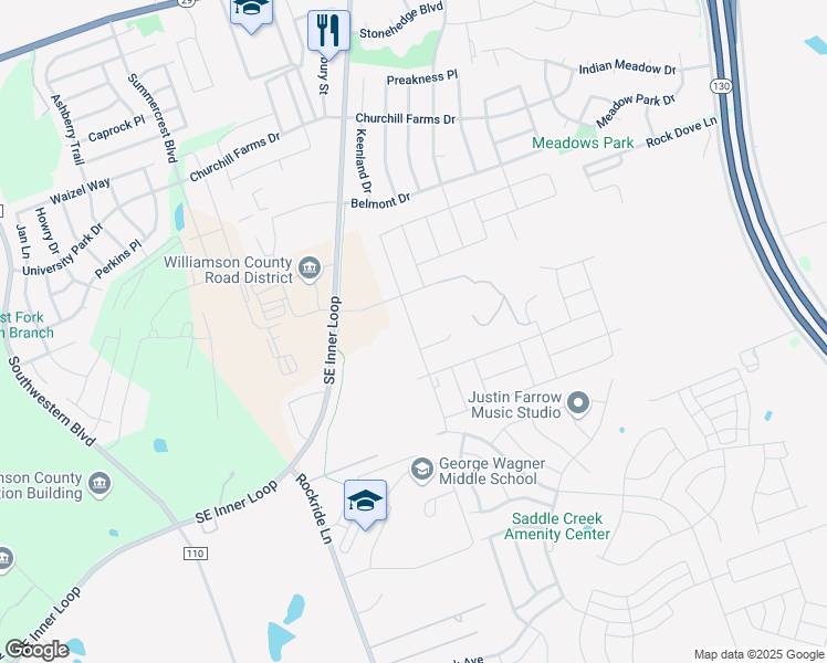 map of restaurants, bars, coffee shops, grocery stores, and more near 2124 Cliffbrake Way in Georgetown