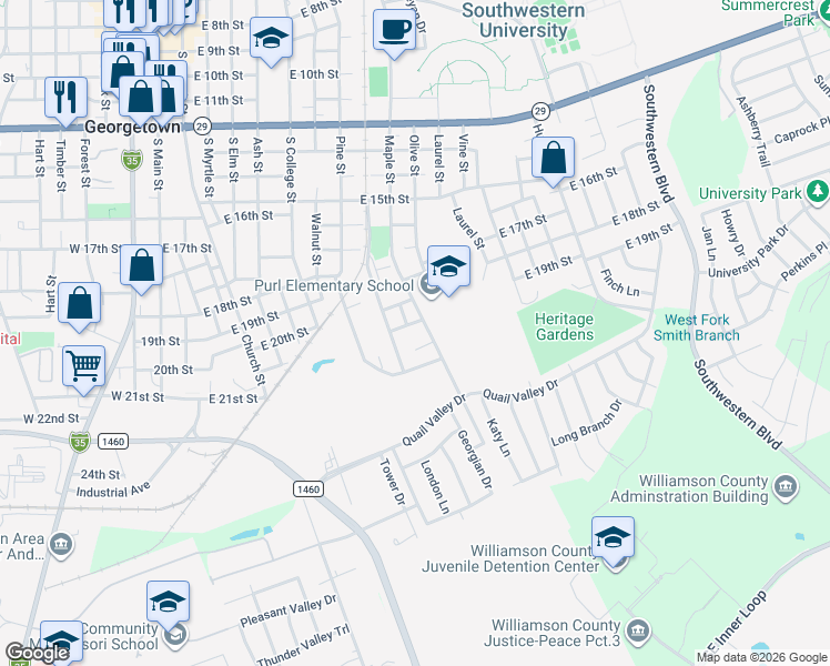 map of restaurants, bars, coffee shops, grocery stores, and more near 913 East 20th Street in Georgetown