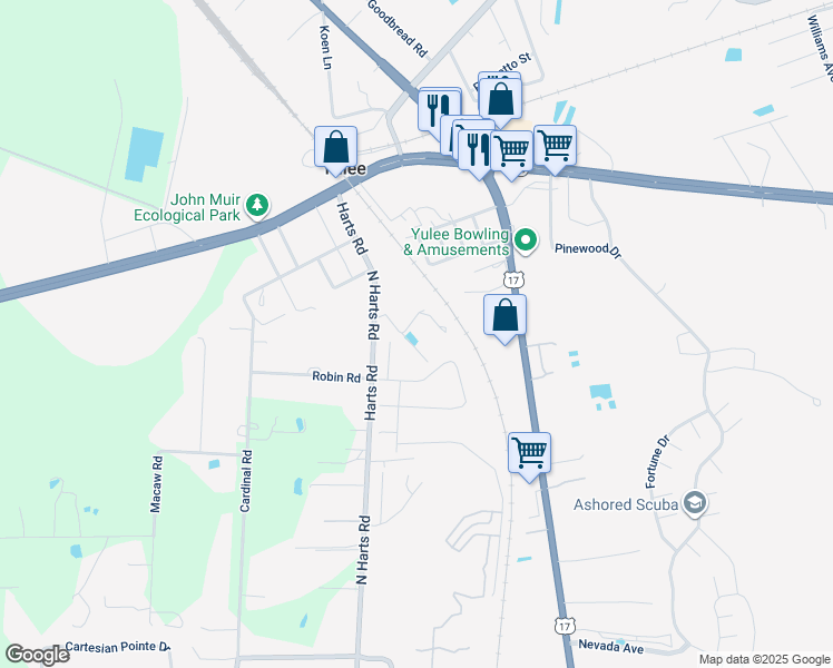 map of restaurants, bars, coffee shops, grocery stores, and more near 106 Harts Road in Yulee