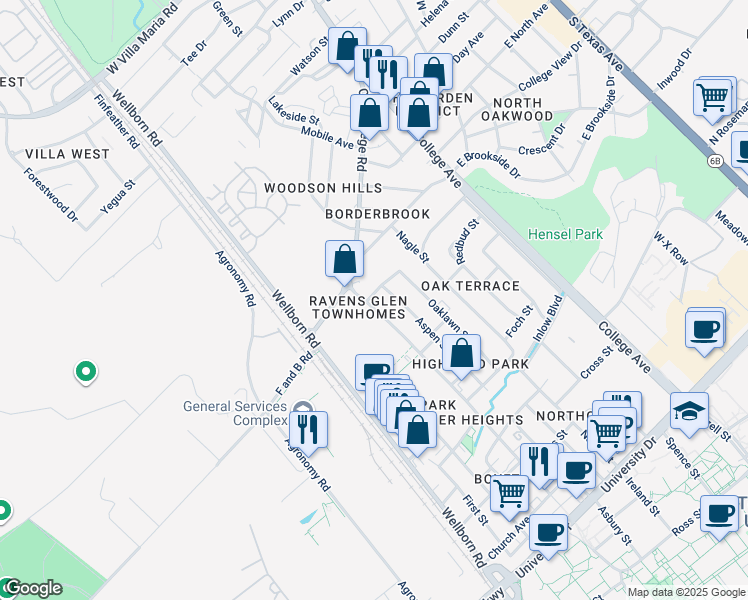 map of restaurants, bars, coffee shops, grocery stores, and more near in Bryan