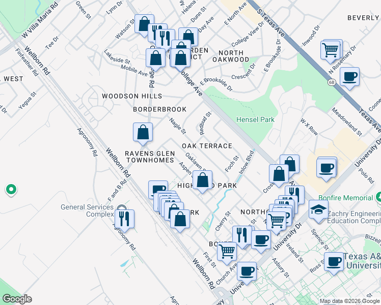 map of restaurants, bars, coffee shops, grocery stores, and more near 4005 Oaklawn Street in Bryan