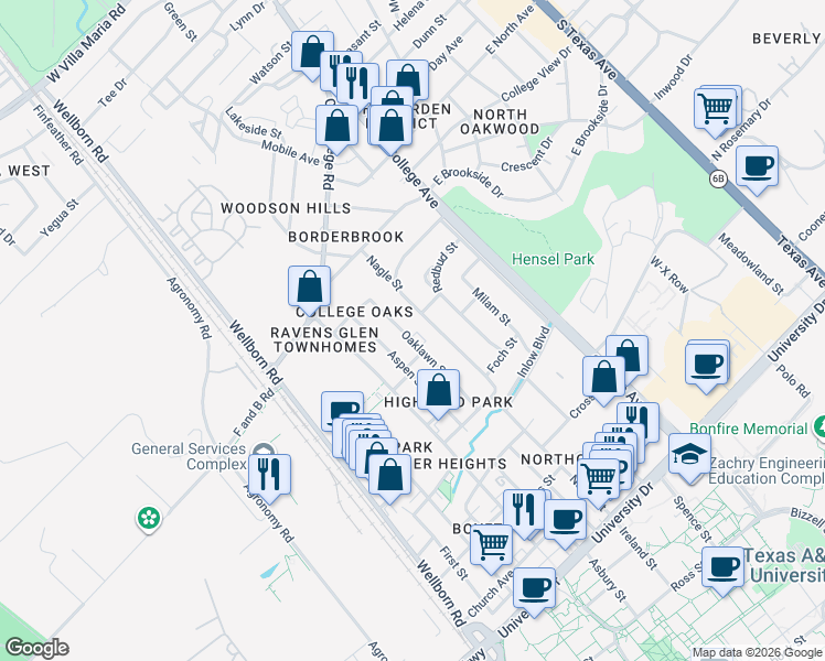 map of restaurants, bars, coffee shops, grocery stores, and more near 4108 Nagle Street in Bryan