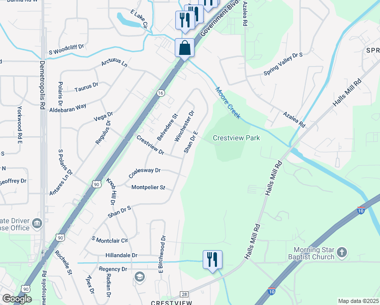 map of restaurants, bars, coffee shops, grocery stores, and more near 4209 Shan Drive East in Mobile