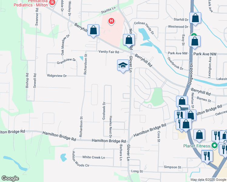 map of restaurants, bars, coffee shops, grocery stores, and more near 5258 Hawks Nest Drive in Milton
