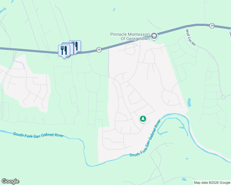 map of restaurants, bars, coffee shops, grocery stores, and more near 1332 Ridge Runner Drive in Georgetown