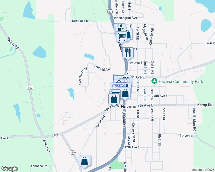 map of restaurants, bars, coffee shops, grocery stores, and more near 102 Greenway Drive in Havana