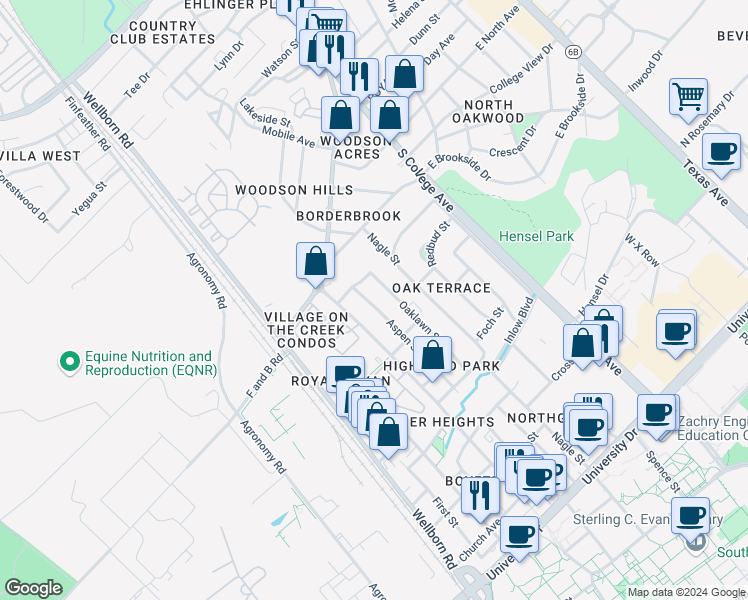 map of restaurants, bars, coffee shops, grocery stores, and more near 3907 Aspen Street in Bryan