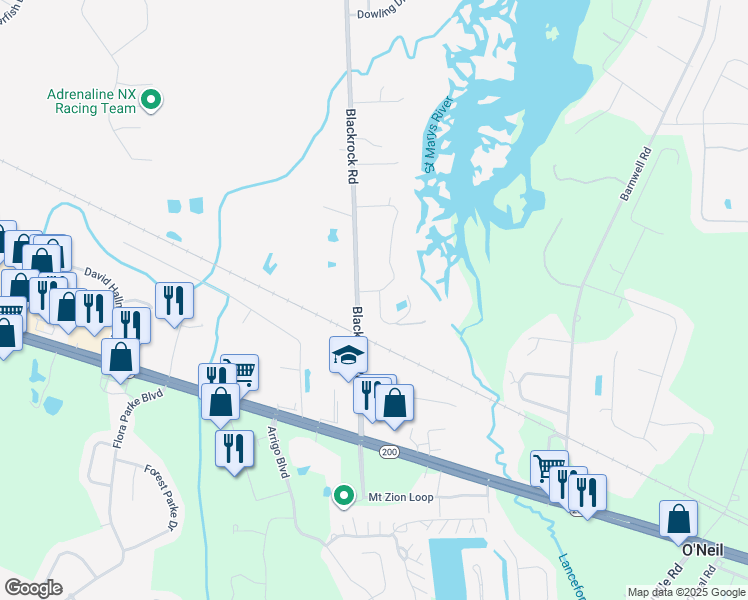 map of restaurants, bars, coffee shops, grocery stores, and more near 96024 Ashford Court in Yulee