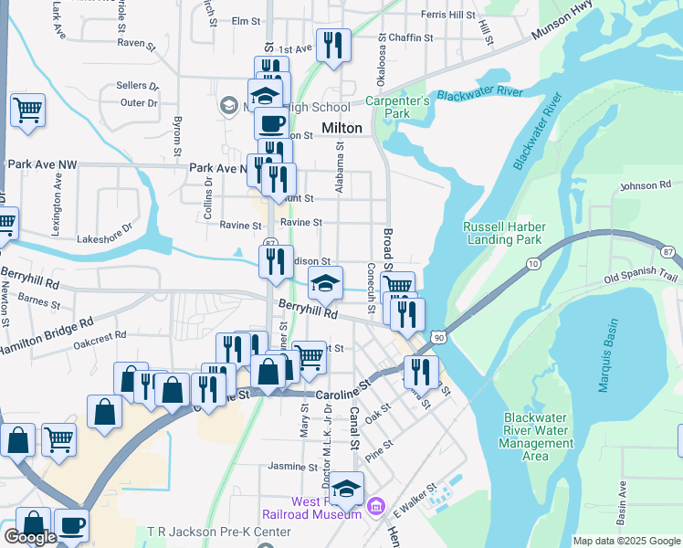 map of restaurants, bars, coffee shops, grocery stores, and more near 5284 Alabama Street in Milton