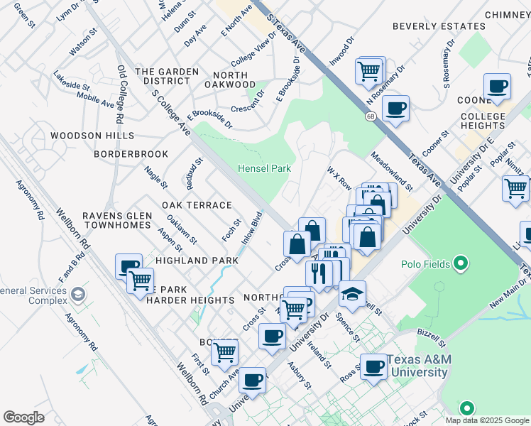 map of restaurants, bars, coffee shops, grocery stores, and more near in College Station