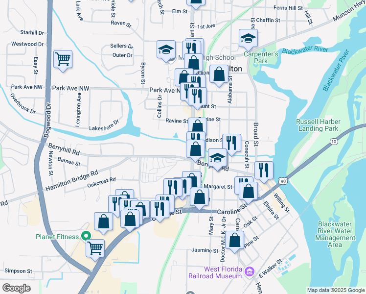 map of restaurants, bars, coffee shops, grocery stores, and more near 6692 Berryhill Road in Milton