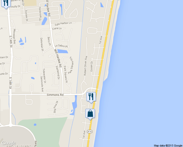 map of restaurants, bars, coffee shops, grocery stores, and more near 5475 Ocean Drive in Fernandina Beach