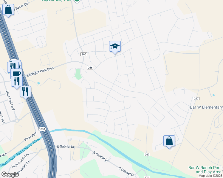 map of restaurants, bars, coffee shops, grocery stores, and more near 104 Palo Duro Court in Leander