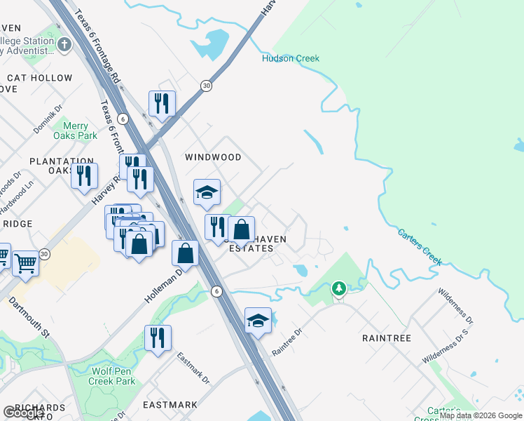 map of restaurants, bars, coffee shops, grocery stores, and more near 2475 Horse Shoe Drive in College Station