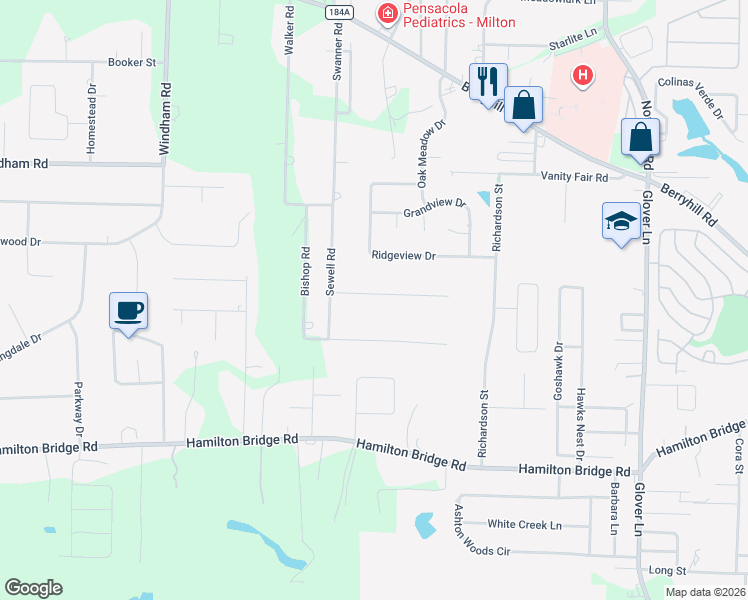 map of restaurants, bars, coffee shops, grocery stores, and more near 5921 Gillum Road in Milton