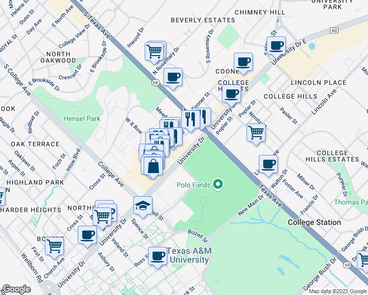 map of restaurants, bars, coffee shops, grocery stores, and more near 180 Century Square Drive in College Station