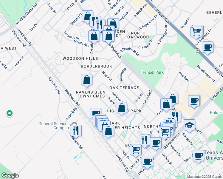map of restaurants, bars, coffee shops, grocery stores, and more near 4001 Oaklawn Street in Bryan