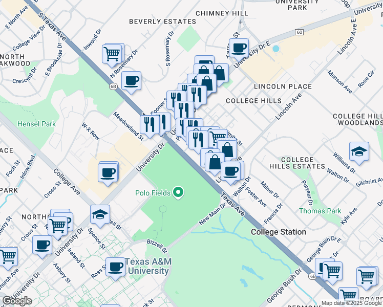 map of restaurants, bars, coffee shops, grocery stores, and more near 707 Texas Avenue in College Station